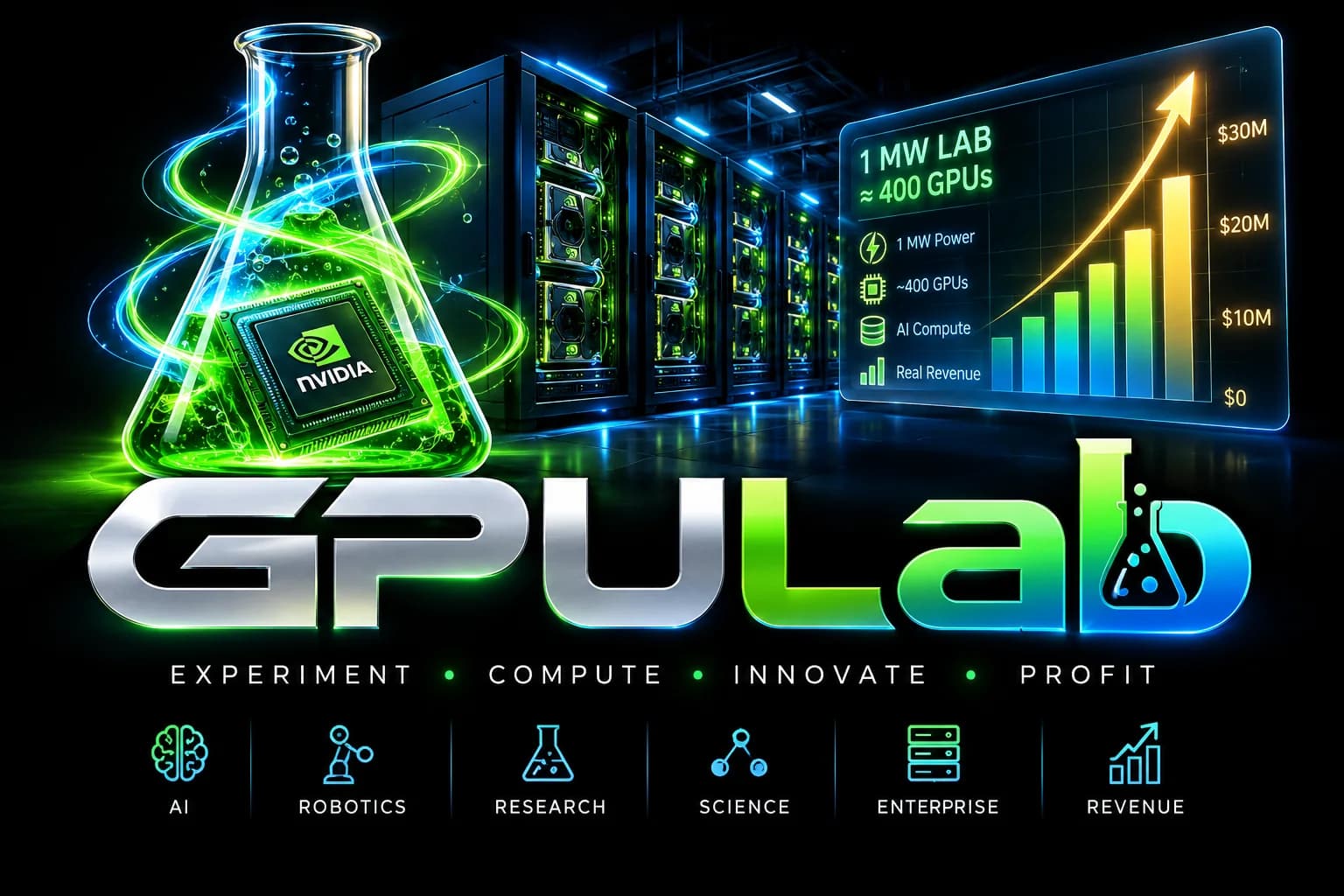 GPULab concept showing laboratory experimentation, GPU server infrastructure and compute economics